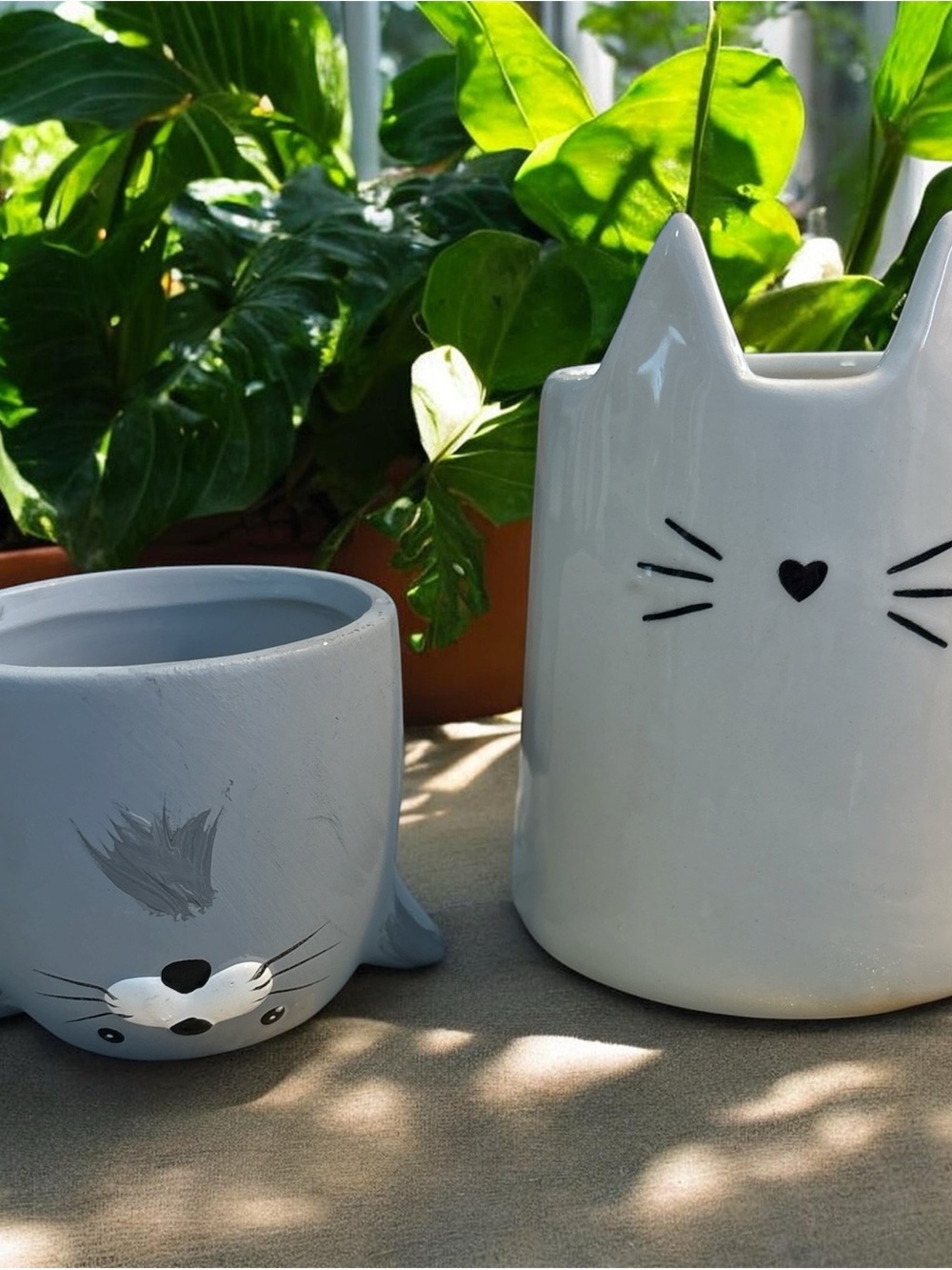 Cute Ceramic Cat Planter Set - White and Gray
